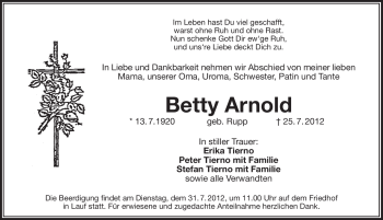 Traueranzeige von Betty Arnold von Pegnitz-Zeitung